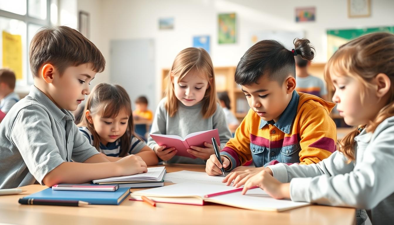 Students studying together in modern classroom